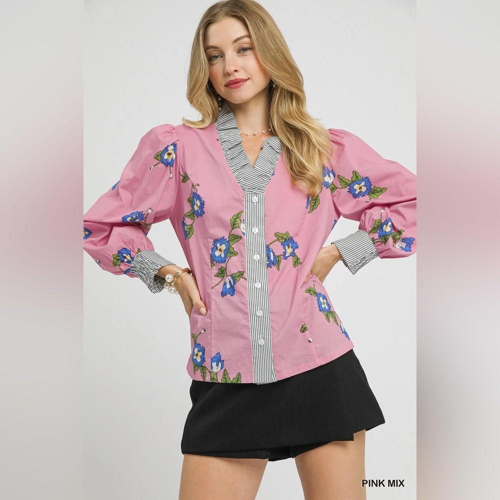 Umgee Pink Floral Blouse with Striped Trim